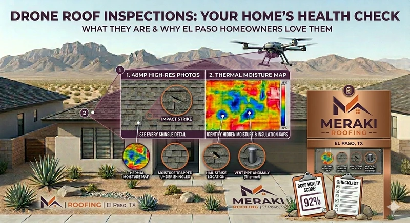Drone performing aerial roof inspection over an El Paso home with Franklin Mountains in background